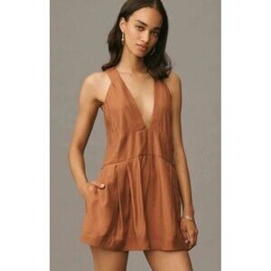 Anthropologie Pinafore Romper  Women Size L Brown Sleeveless V-Neck *Flaw